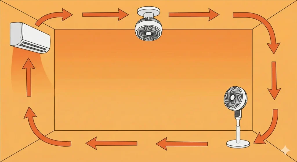 効率的な暖房術（加湿・循環編）エアコン、加湿器、サーキュレーターが稼働する暖かい部屋。快適さと効率性を視覚的に表現