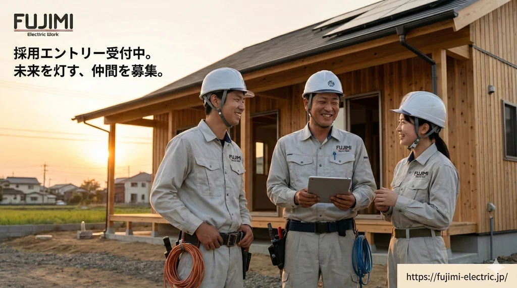 有限会社富士見 電気工事士採用エントリー受付中。新築戸建て住宅の現場で、ベテランと若手社員が笑顔でタブレットを見ながら談笑する様子。安心できるチームワークの中で、プロの技術を身につけ未来を灯す仲間を募集しています。