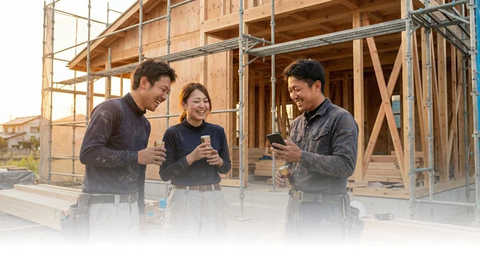 仕事を終え、夕日を背に缶コーヒーを飲みながらスマホを見て談笑する3人。一日の疲れを癒やす、リラックスした楽しい雰囲気が伝わります。