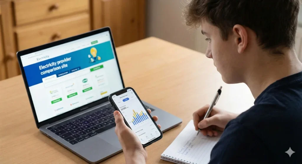 春から一人暮らし！契約アンペアって何？絶対に損しない電力会社の選び方ガイド（2026年版）電力会社の比較検討をしている様子、スマホとPC
