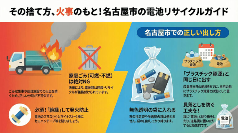 名古屋市における電池の適切な廃棄方法を解説した実用的なガイドであり、不適切な処理による火災事故の防止を主眼に置いています。主な内容は、対象となる電池の種類から、ショートを防ぐための電極の絶縁処理、さらには無色透明な袋を用いた排出ルールまで、安全に捨てるための具体的な手順を4つのステップで体系化しています。排出のタイミングについては、プラスチック資源の日と同じ日に設定されていますが、収集員が認識しやすいよう別袋で出すといった細やかな配慮も強調されています。全体を通して、市民が正しいルールを実践することで、地域の安全なごみ収集体制を維持することを目的としています。