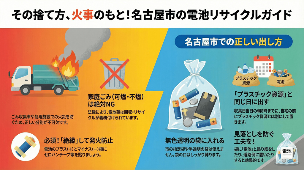 名古屋市における電池の適切な廃棄方法を解説した実用的なガイドであり、不適切な処理による火災事故の防止を主眼に置いています。主な内容は、対象となる電池の種類から、ショートを防ぐための電極の絶縁処理、さらには無色透明な袋を用いた排出ルールまで、安全に捨てるための具体的な手順を4つのステップで体系化しています。排出のタイミングについては、プラスチック資源の日と同じ日に設定されていますが、収集員が認識しやすいよう別袋で出すといった細やかな配慮も強調されています。全体を通して、市民が正しいルールを実践することで、地域の安全なごみ収集体制を維持することを目的としています。