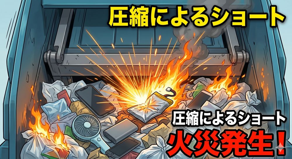 ごみ収集車の中でバッテリーが押しつぶされ、発火して周りのごみに燃え移る様子のイラスト