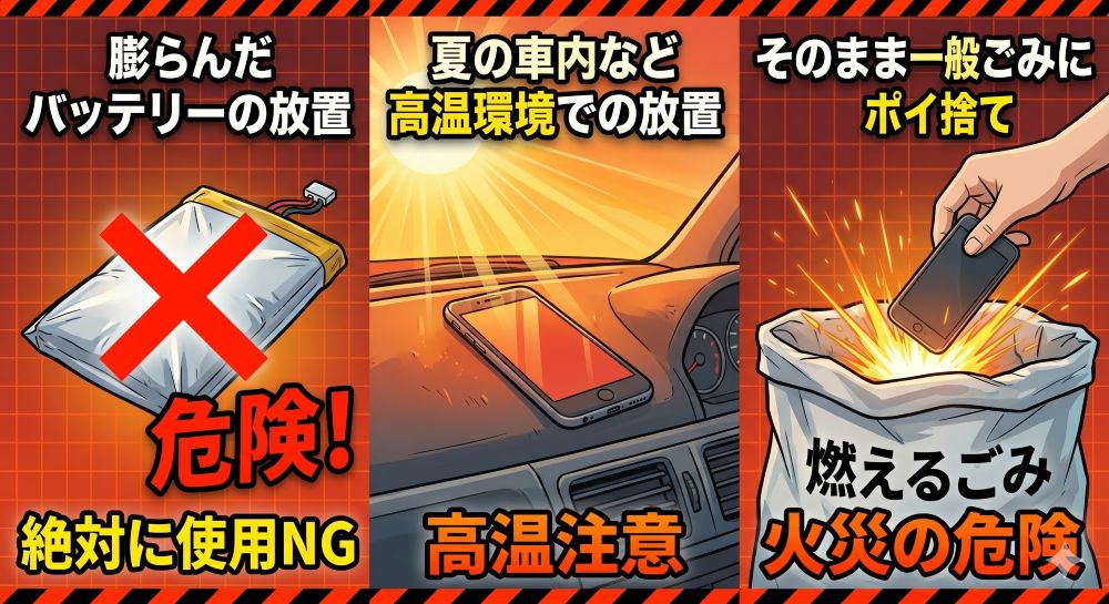 パンパンに膨らんだモバイルバッテリーと、それに「危険!」というマークがついたイラスト