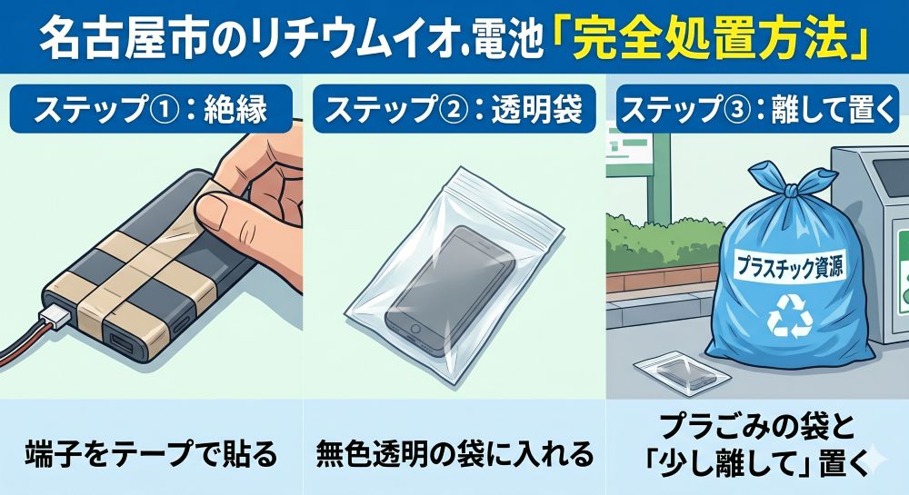 ①端子にテープを貼る、②透明な袋に入れる、③プラごみ袋の手前に少し離して置く、という3ステップの図解